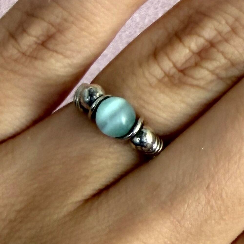 sterling silver wire wrapped blue cats eye bead ring size 5